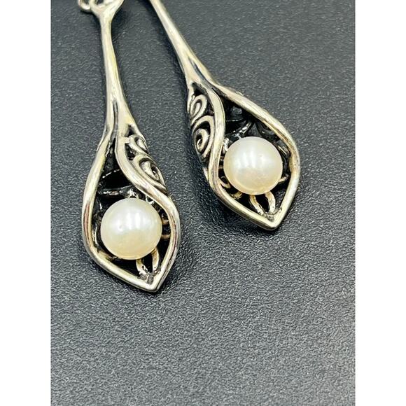 Sterling Silver .925 Calla Lily White Pearl Drop Dangle Pierced Earrings - Picture 3 of 11